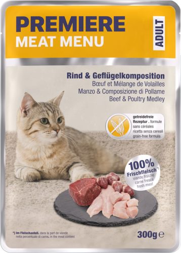 Premiere Meat Menu Hrană umedă pentru pisici adulte cu pasăre și vită 300 g