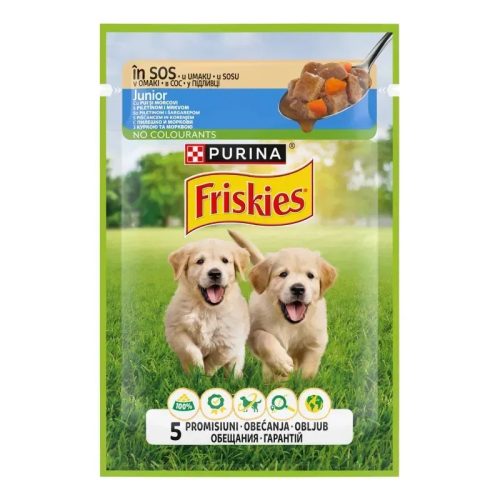 Friskies Junior Hrană umedă pentru câini, cu pui și morcovi în sos 85 g