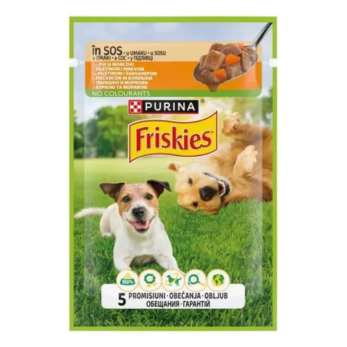 Friskies Hrană umedă pentru câini adulti, cu pui și morcovi în sos 85 g