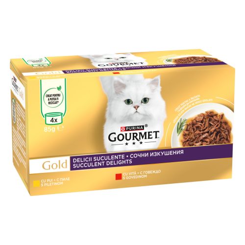 Gourmet Gold Delicii Suculente Hrană umedă pentru pisici, cu pui și vită 4x85 g