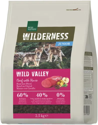 Real Nature Wilderness Hrană uscată pentru câini junior, cu vită și cal 2,5 kg