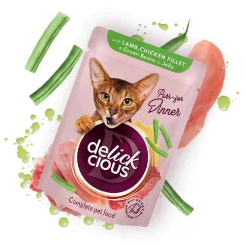 Delickcious Bucățele cu miel, piept de pui și fasole verde în aspic 85 g