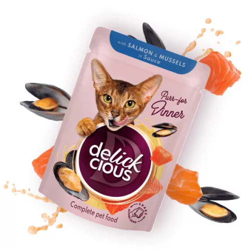 Delickcious Bucățele cu somon și midii în sos 85 g