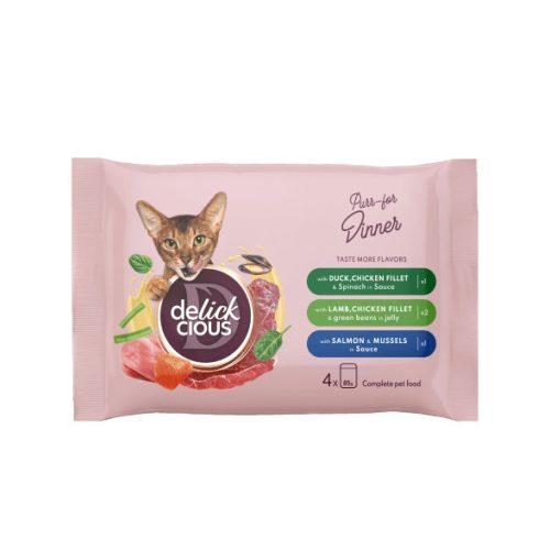 Delickcious Bucățele cu rață, pui și spanac, cu miel, pui și fasole verde, cu somon și midii 4 x 85 g