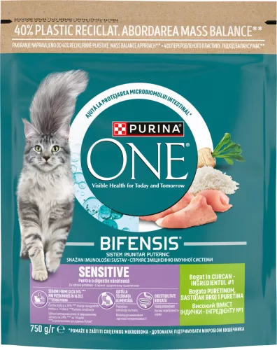 Purina One Sensitive Hrană uscată pentru pisici cu curcan și orez 750 g