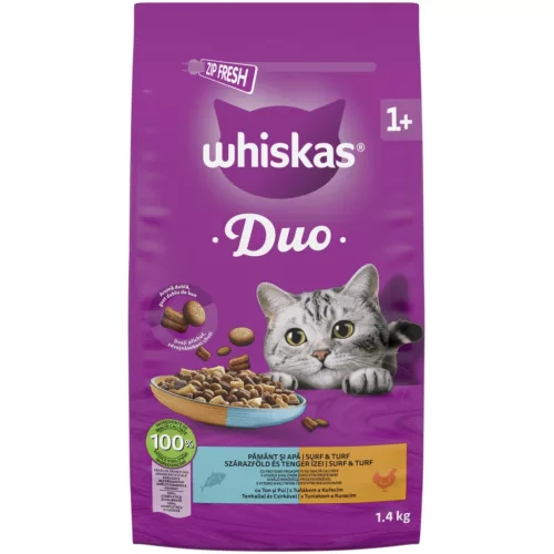 Whiskas Duo Hrană uscată pentru pisici adulte cu ton și pui 1,4 kg