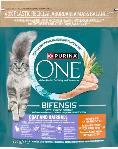 Purina One Coat & Hairball Hrană uscată pentru pisici adulte cu pui 750 g